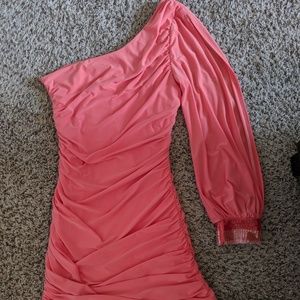 Peach/Coral One Shoulder Ruched Mini Dress!